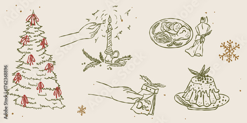 Whimsical Christmas elements set with tree, pudding, candle, festive dinner, and calendar. Vintage hand drawn line ink outline vector in retro minimal style. Cozy holiday illustration with texture.