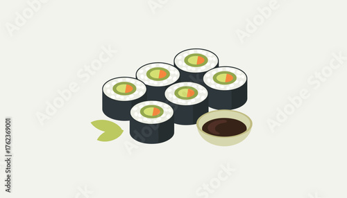 Japanese maki sushi rolls featuring nori seaweed, rice, and fresh vegetables, presented with a side of savory soy sauce, illustrating healthy asian cuisine