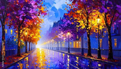 Autumn evening city street glows under lamplight with colorful reflections after rain, evoking nostalgia and romantic calm in European urban landscape
