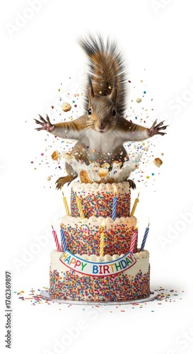 squirrel bursting out of a birthday cake on a solid white background, dessert, celebration