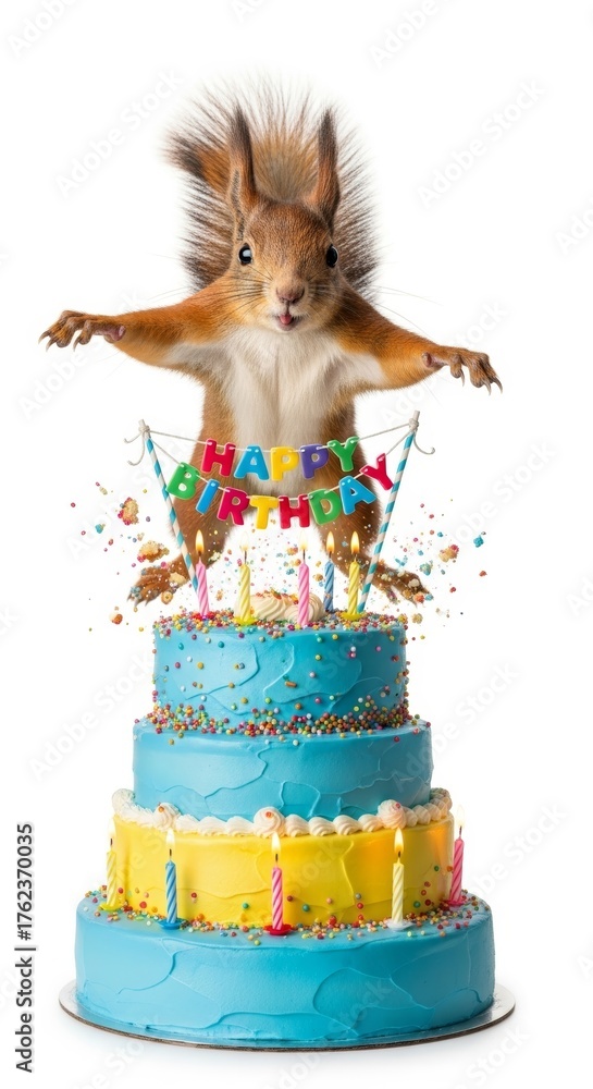Naklejka premium squirrel bursting out of a birthday cake on a solid white background, dessert, celebration