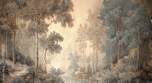 Wall painting depicting a serene landscape with trees. Design for wallpaper, photo wallpaper, frescoes, wall painting and other works.