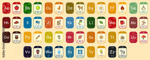 Colorful English alphabet flashcards for kids learning ABCs. Educational alphabet chart with illustrations and vocabulary words for print, preschool, homeschool, kindergarten, nursery, classroom.