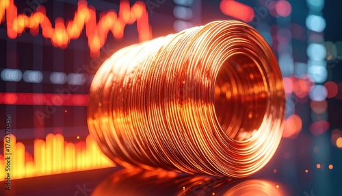 Shiny coil of copper wire representing industrial growth, global economy and renewable energy with stock market graph glowing in dramatic red digital style