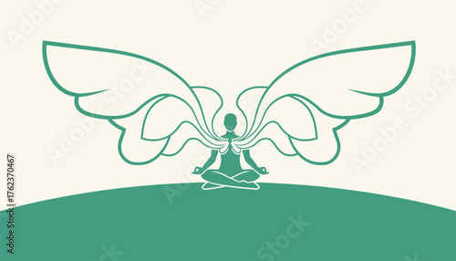 Person seated in lotus pose with stylized wings, representing spiritual growth, mindfulness, inner harmony and balance on the journey to peace, calm and wellbeing