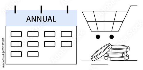 Annual calendar paired with a shopping cart and stacked coins emphasizing financial planning, spending, and saving. Ideal for budgeting, subscriptions, payment cycles, forecasts, e-commerce, retail