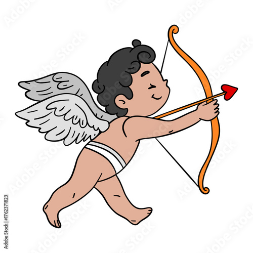 Charming hand-drawn Valentine’s Day poster with cute Cupid with wings and a bow and arrow