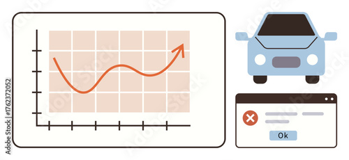 Line graph with upward trend in data, car icon, and error message in a web window. Ideal for performance tracking, automotive diagnostics, analytics, progress, error handling, business insights