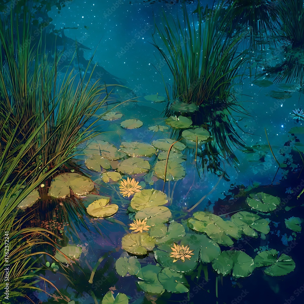 Fototapeta premium night landscape with water lilies