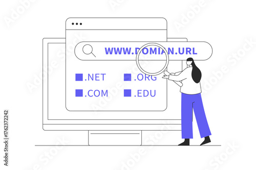 Domain name registration for website address and web hosting services. Woman holding magnifying glass. Flat Cartoon Vector Illustration, icon Stylish abstract design landing page web