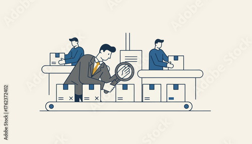 Business manager in a suit using a magnifying glass, inspecting packages on a factory conveyor belt, ensuring quality and identifying errors alongside workers