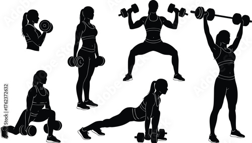 Weightlifting, silhouette, dumbbell, barbell, exercise pose, black figure, motion, strength, fitness, posture, training, lunge, plank, squat, curl, overhead lift, gesture, concept, isolated, sequence