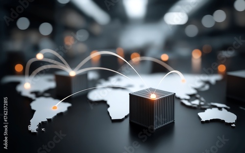 Global Logistics Network on World Map with Connected Shipping Containers and Glowing Paths.