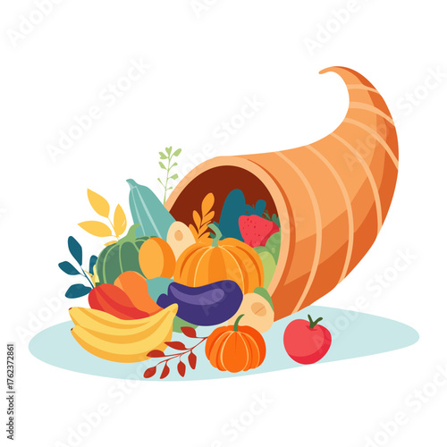 Thanksgiving Cornucopia Set Filled with Harvest Fruits and Vegetables — Autumn Abundance Vector