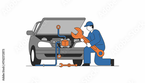 Mechanic maintaining a modern car's integrated computer chip engine, holding a large wrench as part of automotive repair and technology service, isolated on a white background