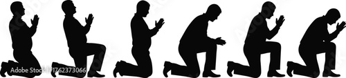 Spiritual prayer silhouette, kneeling man meditating, Islamic devotion posture, religious worship sequence, black figure on white background, peaceful moment