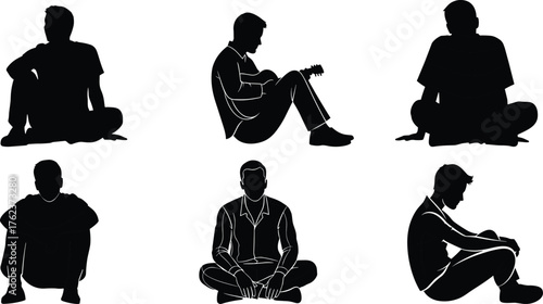 Sitting pose, silhouette, guitar player, black figure, posture, cross-legged, knees bent, gesture, motion, illustration, concept, expressive, relaxed, profile, seated position, music, body language