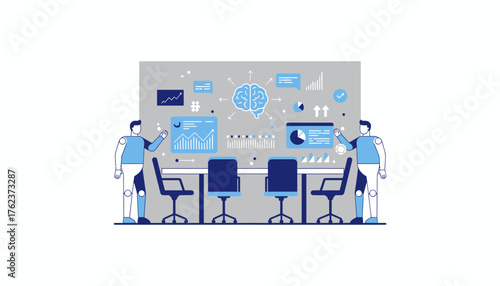 Robots interpreting business data and statistics, collaborating on charts and graphs during a meeting, showing artificial intelligence and future technology