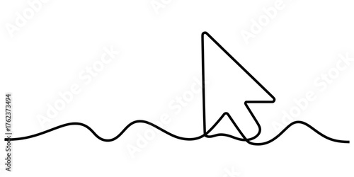 Minimalist continuous one line drawing of a computer mouse cursor interacting with wavy lines representing a digital interface vector