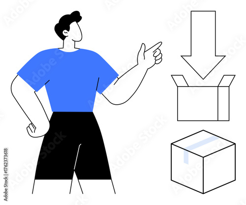 Person in blue shirt pointing at an arrow showing packing steps with open and sealed boxes. Ideal for delivery, logistics, instruction, packaging, ecommerce, shipping, simplicity concepts. Minimalist