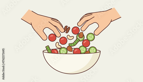 Hands preparing and mixing a nutritious salad with fresh vegetables and nuts, illustrating a concept of healthy eating, cooking, and vegetarian food preparation