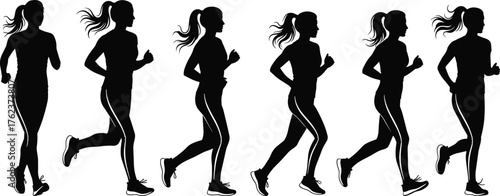 Running woman silhouette, motion sequence, athletic stride, black profile icon, sports biomechanics, fitness vector, dynamic movement, stylish outline, speed pose
