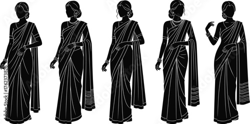 Saree, silhouette, Indian women, traditional fashion, black figure, draping style, elegance, pose, cultural attire, illustration, concept, gesture, sequence, pleats, bangles, low bun, profile