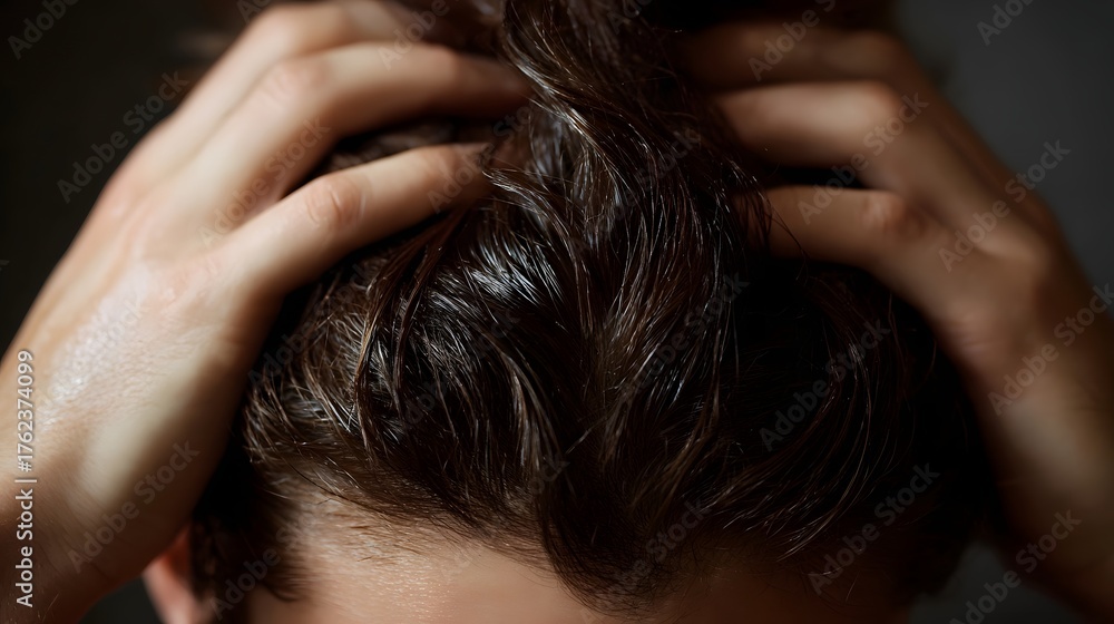 Naklejka premium Close up of hands massaging wet dark hair focusing on scalp care and hair treatment