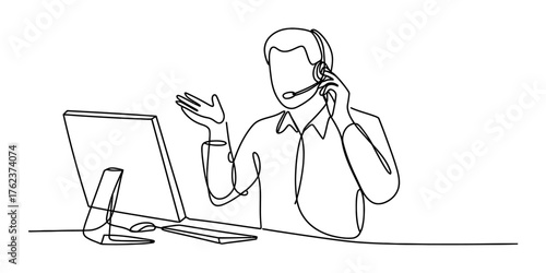 A minimalist continuous line drawing illustrating a person with a headset at a computer, suggesting customer service or remote work in a single, unbroken stroke.