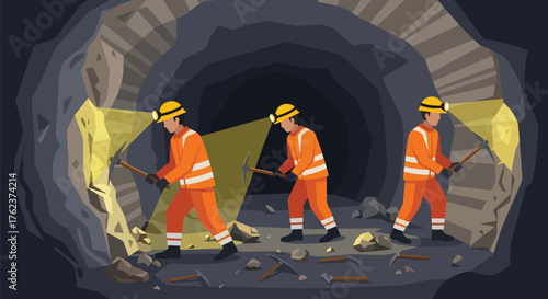 Flat vector of underground miners wearing helmets and safety suits working with lamps and tools in tunnel, teamwork and industry concept