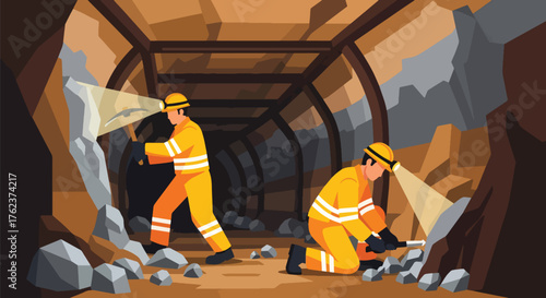 Flat vector of underground miners wearing helmets and safety suits working with lamps and tools in tunnel, teamwork and industry concept