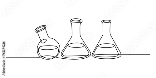Continuous one line drawing of three laboratory flasks with liquid representing scientific experiments and research vector