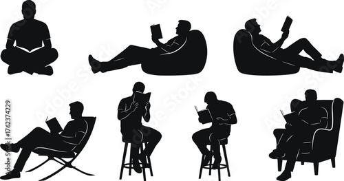 Reading, silhouette, seated pose, black figure, book, posture, gesture, lounge, bean bag, stool, armchair, illustration, concept, relaxed, profile, motion, expression, isolated, casual, study, style