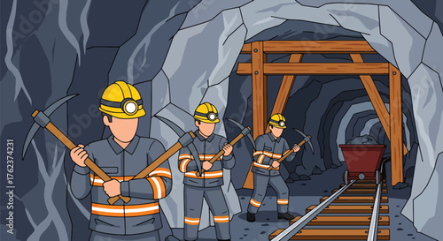 Flat vector of underground miners wearing helmets and safety suits working with lamps and tools in tunnel, teamwork and industry concept