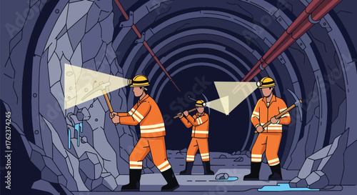 Flat vector of underground miners wearing helmets and safety suits working with lamps and tools in tunnel, teamwork and industry concept