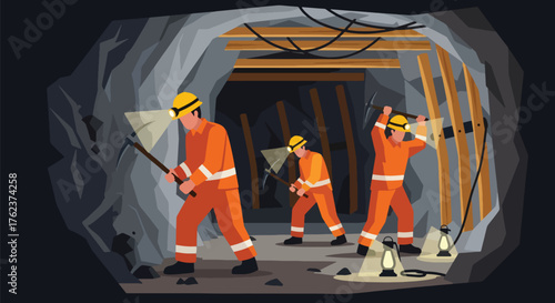 Flat vector of underground miners wearing helmets and safety suits working with lamps and tools in tunnel, teamwork and industry concept