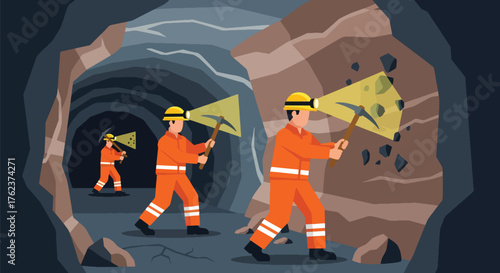Flat vector of underground miners wearing helmets and safety suits working with lamps and tools in tunnel, teamwork and industry concept