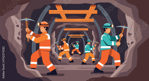 Flat vector of underground miners wearing helmets and safety suits working with lamps and tools in tunnel, teamwork and industry concept