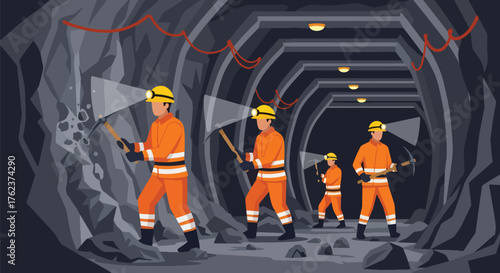 Flat vector of underground miners wearing helmets and safety suits working with lamps and tools in tunnel, teamwork and industry concept