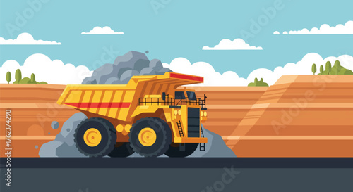Flat vector of large mining dump truck transporting rocks from open-pit quarry, heavy industry and mineral extraction concept