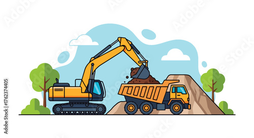 Flat vector of excavator loading rocks into truck at quarry, heavy equipment and mining production theme