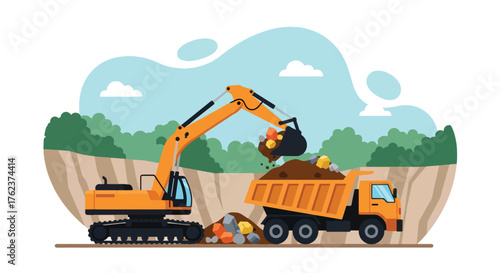 Flat vector of excavator loading rocks into truck at quarry, heavy equipment and mining production theme