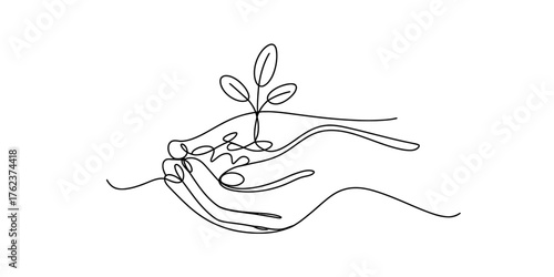 Continuous one line drawing of hands cradling a small plant symbolizing growth hope and new beginnings art vector