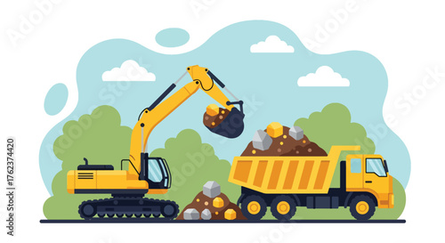 Flat vector of excavator loading rocks into truck at quarry, heavy equipment and mining production theme