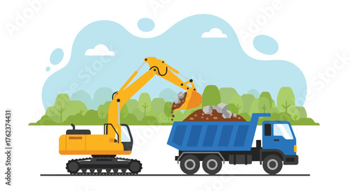 Flat vector of excavator loading rocks into truck at quarry, heavy equipment and mining production theme