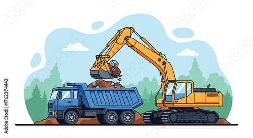 Flat vector of excavator loading rocks into truck at quarry, heavy equipment and mining production theme