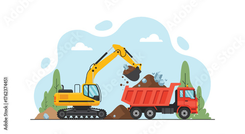 Flat vector of excavator loading rocks into truck at quarry, heavy equipment and mining production theme