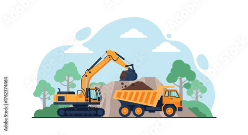 Flat vector of excavator loading rocks into truck at quarry, heavy equipment and mining production theme