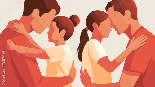 Two pairs of lovers tenderly embracing, a moment of intimate connection.