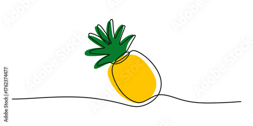 Minimalist continuous one line drawing of a vibrant pineapple with green leafy crown and yellow fruit vector